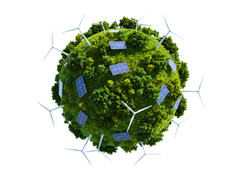 Green earth with solar panels and wind turbines isolated on transparent background