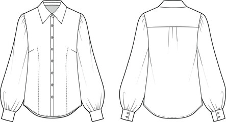 Elegant blouse design, front and back view, fashion illustration, detailed sewing pattern, women's wear, CAD drawing, flat vector illustration