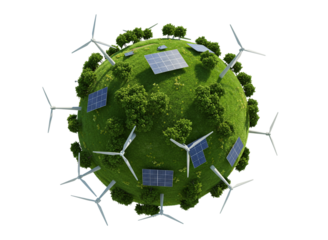 Green earth with solar panels and wind turbines isolated on transparent background