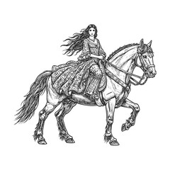 Fototapeta premium Elegant royal victorian woman riding horse with long hair wearing ornate baroque dress, crown, and jewelry, detailed line art.
