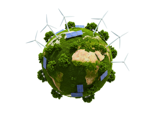 Green earth with solar panels and wind turbines isolated on transparent background - Powered by Adobe