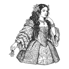 Obraz premium Elegant royal victorian woman with long hair wearing ornate baroque dress, crown, and jewelry, detailed line art.