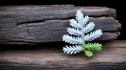 Fototapeta premium A silver and green fern branch rests on weathered dark wood with a black background