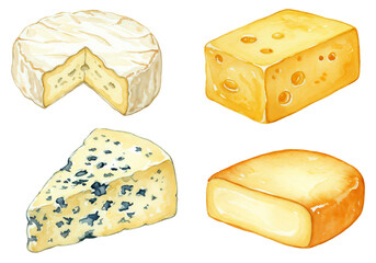 Watercolor cheese set illustration – isolated gourmet cheese varieties for culinary packaging, menus, and food design