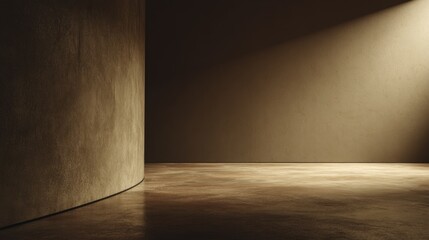 Empty, minimalist room with warm tones.  Curved wall.  Sunlight.  Concrete