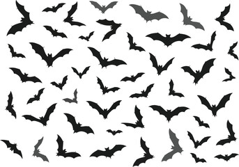 Fototapeta premium A multitude of black bat silhouettes in various flying poses against a white background creating a spooky halloween atmosphere