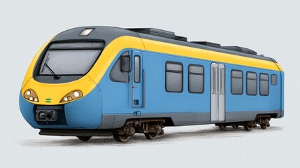 Modern blue and yellow train with grey accents a sketch illustration railway