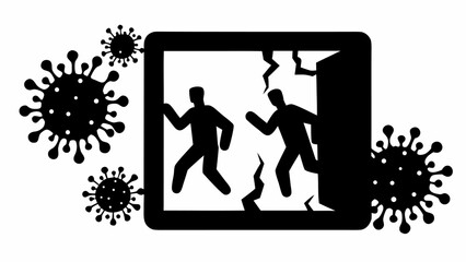 People escaping a cracked square frame surrounded by viruses in a black and white graphic design image