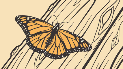 A monarch butterfly with orange and black wings resting on a stylized wood grain background