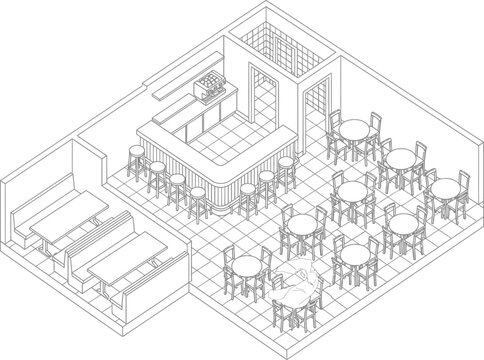 Isometric sketch of a cozy restaurant interior with a bar and dining tables showcasing a lively atmosphere