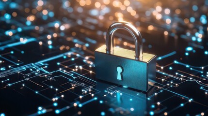Metallic padlock on glowing blue digital circuit board with bokeh lights security