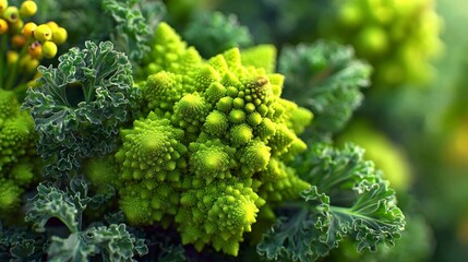 Romanesco broccoli and kale leaves with yellow berries in close up green
