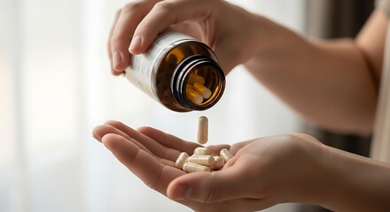 Hands Pouring Capsules from Amber Bottle into Palm for Daily Dose.