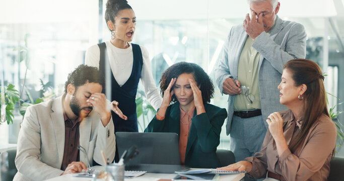 Stress, business people and laptop in office, group and frustrated with bankruptcy. Poor investment, men or women in workplace, PC and fail with stock market crash, online mistake or financial crisis