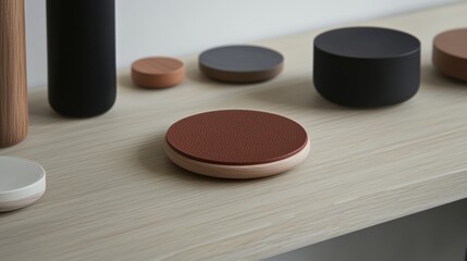 A collection of modern, minimalist objects on a light wood shelf.