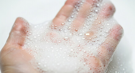 Fototapeta premium Close up of hands covered in white soap bubbles