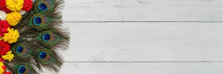 Obraz premium Empty table decorated colorful flowers and peacock feathers. Festive holiday border. Hindu festival celebration background for banner, poster, card with copy space for text or product. 