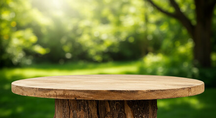 Rustic wooden podium or tree stump table in a lush green garden with soft sunlight filtering through the trees. A perfect natural backdrop for product display, food photography, or outdoor themed 