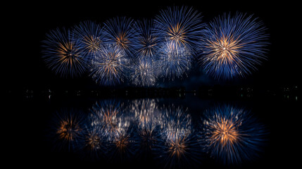 Fototapeta premium Symmetrical Blue and Gold Fireworks Reflected on Tranquil Water During Omagari National Fireworks Competition, Capturing Balance, Beauty, and Pyrotechnic Precision