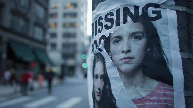 A poignant missing person poster of a young woman taped to a utility pole on a desolate city street, evoking a sense of loss and despair.