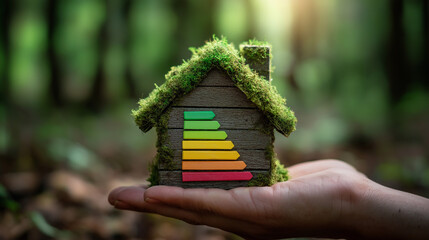 Moosbedecktes Haus mit Energieeffizienzsymbol in leuchtender Natur. Künstliche Intelligenz KI