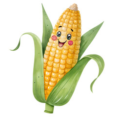 Obraz premium Cute Watercolor Corn Character with a Happy Face on Transparent Background