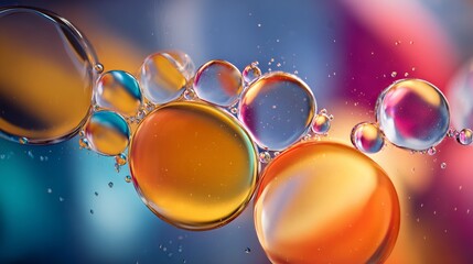 Abstract oil and water droplets, bubbles floating on surface with pastel green background. Ideal for cosmetic, science, wellness, and minimalist design projects