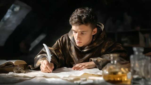 1_A young monk writing in a scriptorium with natural light