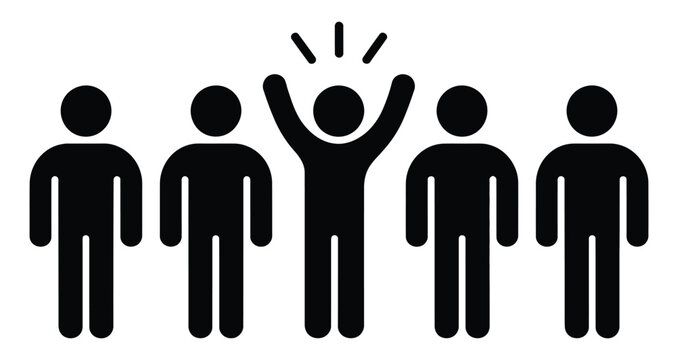 one person raising arms among group of five silhouettes, concept illustration representing leadership, individuality and standing out on white