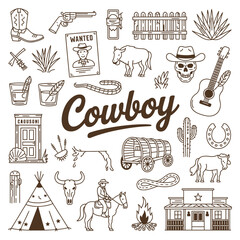 Cowboy Whimsical Vector Set – Hand Drawn Illustrations Featuring Western Hats, Boots, Horseshoes, Cacti, Rustic Elements, and Playful Cowboy-Themed Designs for Creative and Fun Projects.

