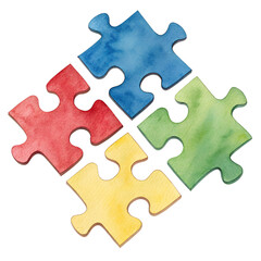 Obraz premium Watercolor Puzzle Pieces in Red Blue Green and Yellow on Transparent Background
