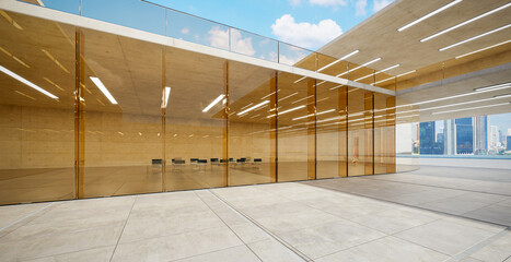 3d rendering modern building exterior showing glass walls and empty chairs in a big city