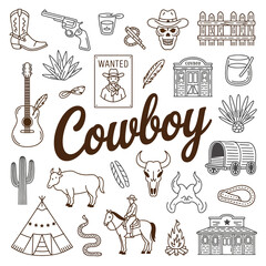 Whimsical Cowboy Vector Set – Hand Drawn Illustrations Featuring Western Hats, Boots, Horseshoes, Cacti, Rustic Elements, and Playful Cowboy-Themed Designs for Creative and Fun Projects.

