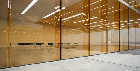 3d rendering modern conference room interior design with golden glass facade and empty chairs