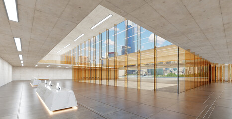 3d rendering modern office lobby featuring concrete and glass walls with city view