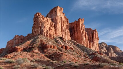 Fototapeta premium Towering orange sandstone formations rise majestically against a clear blue sky with wispy clouds