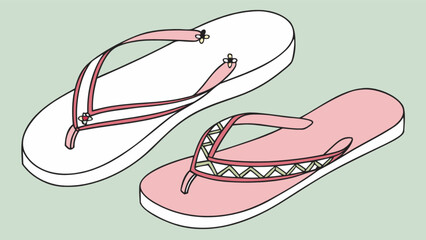 Illustration of two flip flops one white with pink straps and one pink with patterned straps