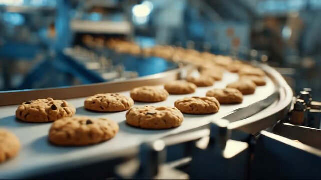 Freshly baked cookies on conveyor belt in industrial bakery setting  