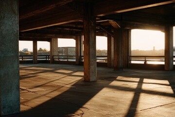 Empty parking garage at sunset, sunbeams through concrete columns