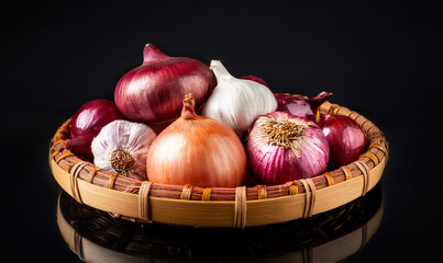 Shallots and garlic in a wicker tray on a shiny black table on a black background.
