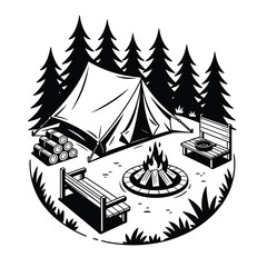 Serene campsite setup with canvas tent, pine trees, camping gear, fire ring, wooden seating, and cooking area in black and white vector