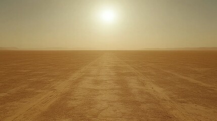 Naklejka premium Desert Road to the horizon: Witness the stark beauty of a vast, open desert landscape with a road stretching towards the horizon under a bright sun, evoking a sense of solitude and adventure.