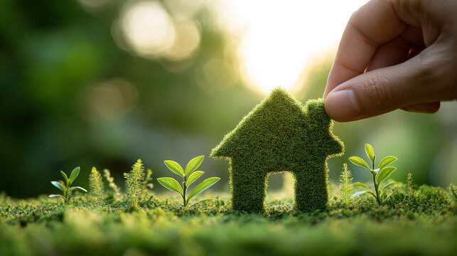 Moosbedecktes Haus mit Energieeffizienzsymbol in leuchtender Natur. K&uuml;nstliche Intelligenz KI