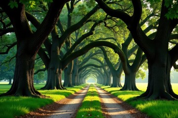 Ancient oaks draped in Spanish moss arch over a tranquil country lane , green, rustic