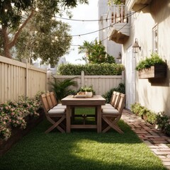 Backyard patio with wooden furniture and string lights