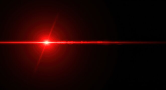 Red Laser Beam in Darkness: A vibrant red laser beam pierces through the darkness, emitting a brilliant display of light and energy in a dramatic, high-contrast composition.