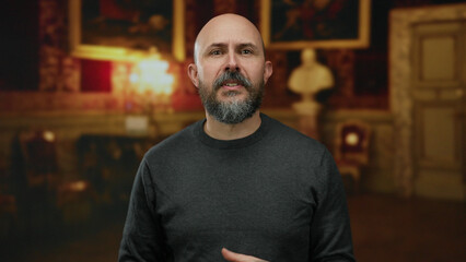 Man with beard gesturing inside a museum setting, showcasing a thoughtful expression against a...