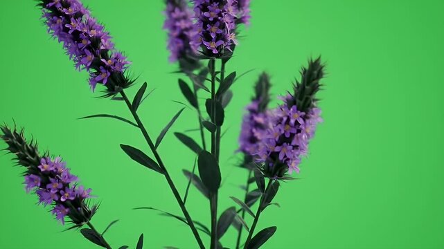 Purple Loosestrife Flowers with Green Stems and Leaves Against a Solid Green Background Botanical Detail Close Up