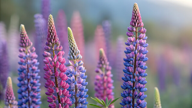 Lupine flower spikes rising vertically, adorned with clusters of tiny blue and purple flowers.