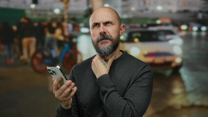 Bald man with beard intently looking at smartphone on city street at night, surrounded by urban activity and bright lights, embodying a thoughtful demeanor outdoors.